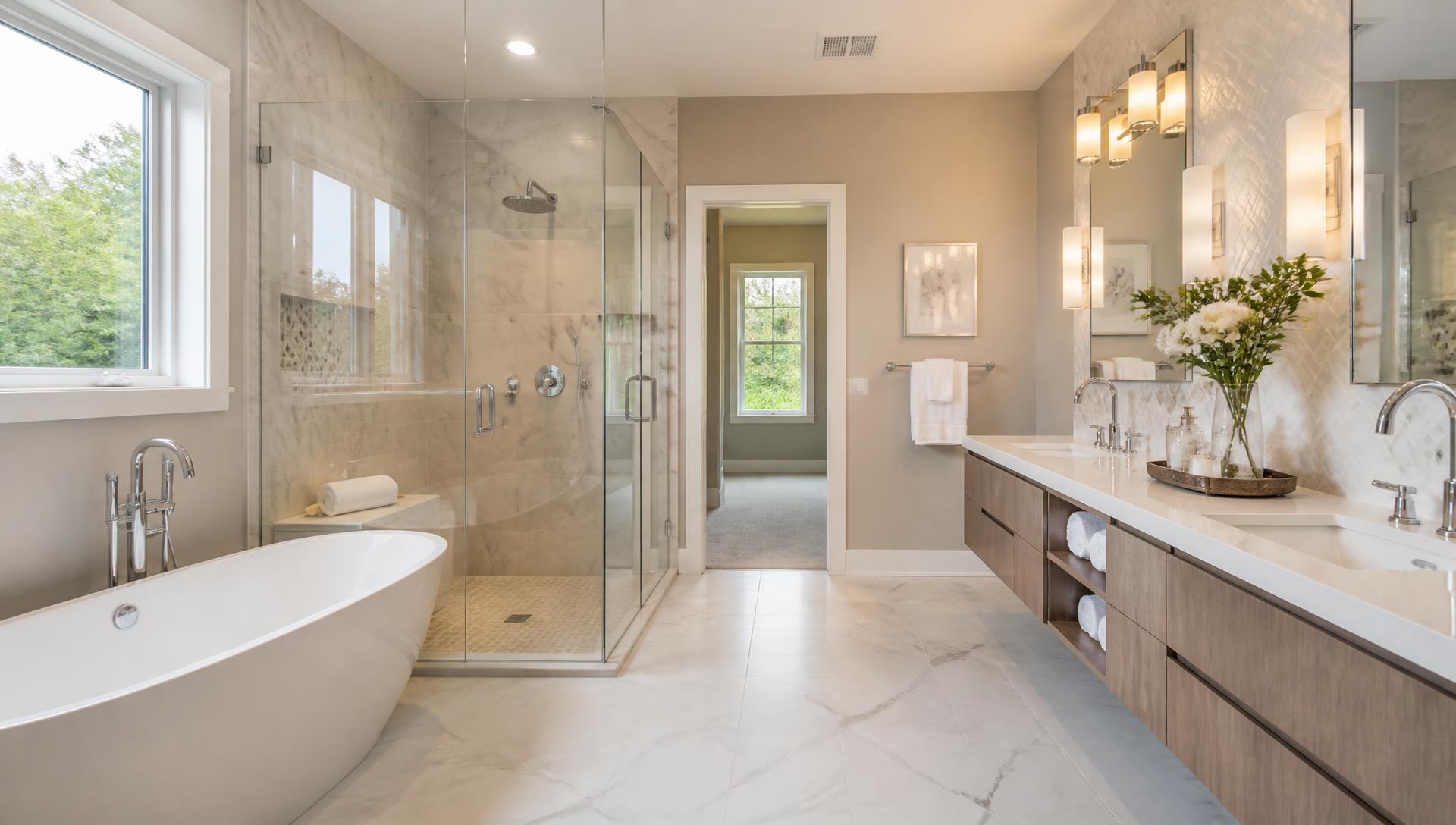 Modern finished bathroom with freestanding tub and glass shower